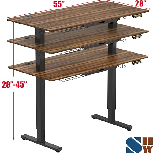 SHW 55 x 28 Inches Electric Height Adjustable Standing Desk with Drawer and Memory Preset, Walnut SHW