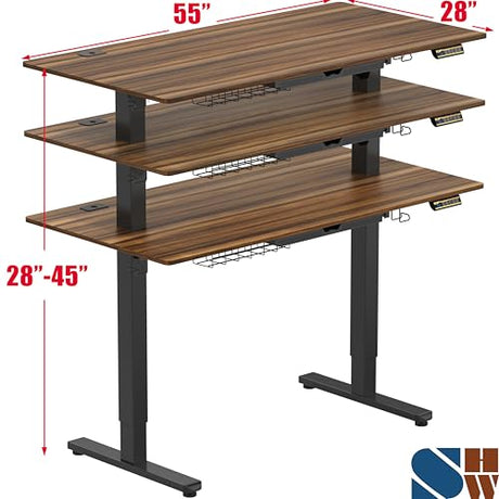 SHW 55 x 28 Inches Electric Height Adjustable Standing Desk with Drawer and Memory Preset, Walnut SHW