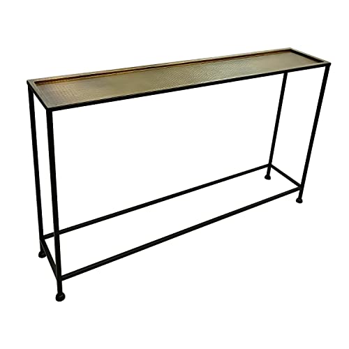 The Urban Port Aurelia 48-Inch Console Sofa Table, Artisanal Hammered Antique Bronze Tray Top, Industrial Black Iron Frame The Urban Port