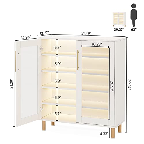 Tribesigns Shoe Cabinet with Acrylic Doors and LED Light, 24 Pairs Entryway Shoe Organizer Storage Rack with 5-Tier Adjustable Shelves for Narrow Closet, Hallway, Living Room (White & Gold) Tribesigns