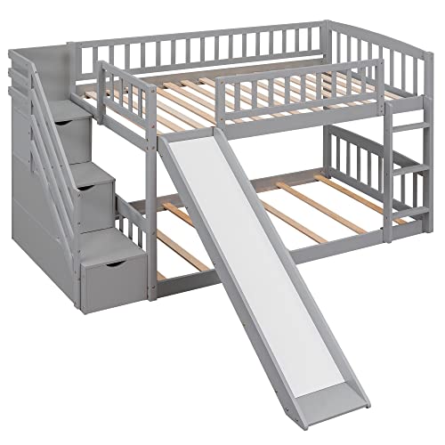RuiSiSi Twin Bunk Bed with Slide and Stairs, Wood Low Bunk Bed Frame with Storage Stairs & Safety Guard Rails, Space-Saving Floor Bunk Beds for Kids Boys Girls, Grey RuiSiSi