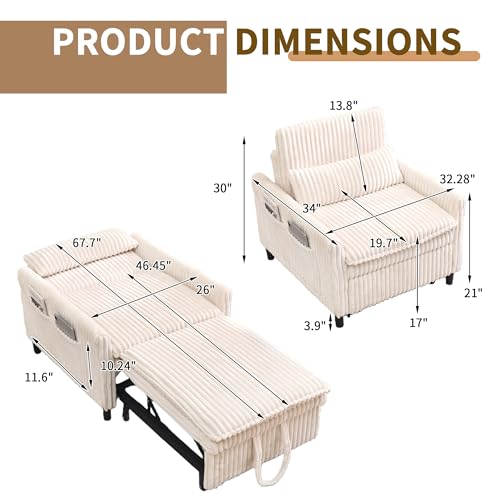 Majnesvon Modern Corduroy Fabric Sofa Bed Futon,3 in 1 Convertible Pullout Sleeper Couches with 3 Reclining Backrests,Small Sofa Chair Bed for Living Room Bedroom (White) Majnesvon