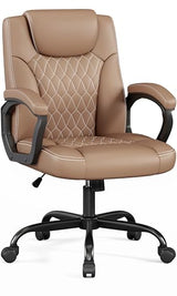Misolant Office Chair, Executive Desk Chair, PU Leather Comfortable Ergonomic Chairs with Fixed Armrest, Adjustable Height, Rocking Function, 360° Swivel Wheels, Brown Misolant