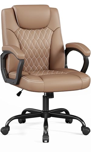 Misolant Office Chair, Executive Desk Chair, PU Leather Comfortable Ergonomic Chairs with Fixed Armrest, Adjustable Height, Rocking Function, 360° Swivel Wheels, Brown Misolant