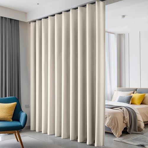 Hoeflife Room Divider Curtains Blackout Floor to Ceiling Curtain with Hook Wall Mount Sliding Door Curtains Ceiling Mount Extra Wide Curtain Wall Divider for Room Separation (Beige, W100 x H84 Inch) hoeflife