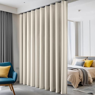 Hoeflife Room Divider Curtains Blackout Floor to Ceiling Curtain with Hook Wall Mount Sliding Door Curtains Ceiling Mount Extra Wide Curtain Wall Divider for Room Separation (Beige, W100 x H84 Inch)