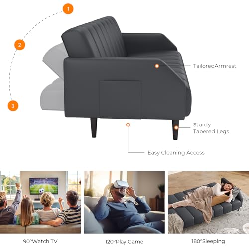 Fadware Faux Leather Couch, Convertible Futon Sofa Bed with Adjustable Backrest, Mid Century Leather Sofa Loveseat with Side Pockets& Metal Leg, Modern Leather Sleeper Sofa for Living Room Bedroom Fadware