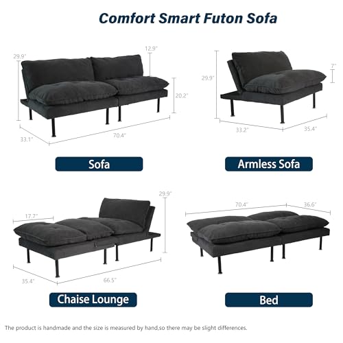 Ribilake 70" Futon Sofa Bed, 4 in 1 Multi-Function Couch Sleeper with Adjustable Backrest, Modern Convertible Futon, Recliner Small Loveseat for Living Room, Office, Grey Ribilake