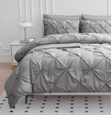 LANE LINEN Twin Sized Comforter Set – 5 Pc Luxury Down-Alternative - Pintuck Stitch Design Bedding - 1 Comforter, 1 Flat Sheet, 1 Fitted Sheet, 1 Pillowcase & 1 Sham - Easy Care, Machine Wash – Silver LANE LINEN