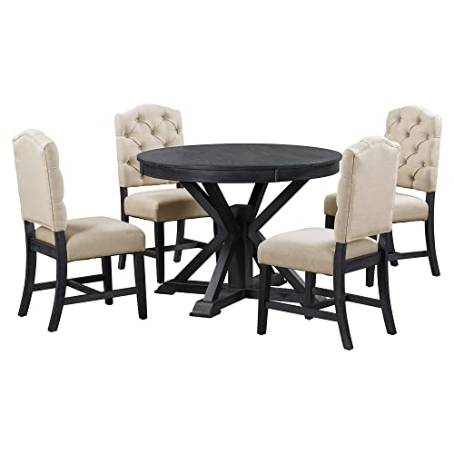 Merax Farmhouse Wooden Round Extendable Dining Table Set with Chairs for 4 Persons 5 Piece Round Kitchen Table Set for Small Space, Deep Espresso Merax