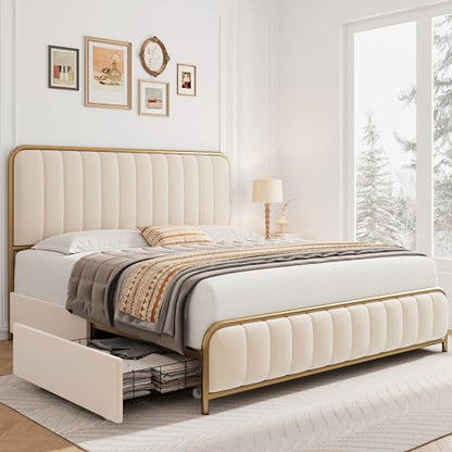 HITHOS King Size Upholstered Metal Bed Frame with 4 Storage Drawers, Golden/Off White Design - WoodArtSupply