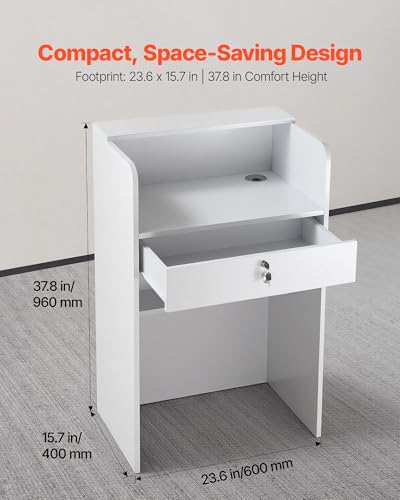 VEVOR Reception Desk, 23.6 inch Rectangular Front Counter Table, Modern Office Reception Desk with Drawer, Small Minimalist Retail Counter Table for Checkout, Lobby, Beauty Salon and Office, White VEVOR