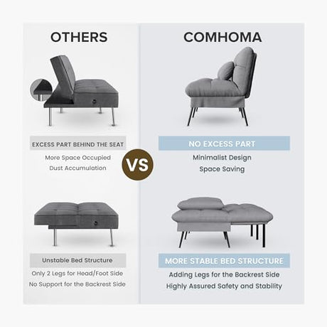 COMHOMA Convertible Futon Sofa Bed, 72″Fabric Futons Couch with Adjustable Backrest, Folding Sleeper Recliner for Living Room Furniture (Grey) COMHOMA