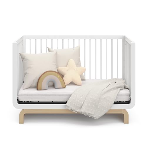 Storkcraft Santorini Deluxe 5-in-1 Convertible Crib with Bonus Toddler Guardrail (White with Driftwood) – GREENGUARD Gold Certified, Toddler Guardrail Included in Box, Fits Standard Crib Matt - WoodArtSupply