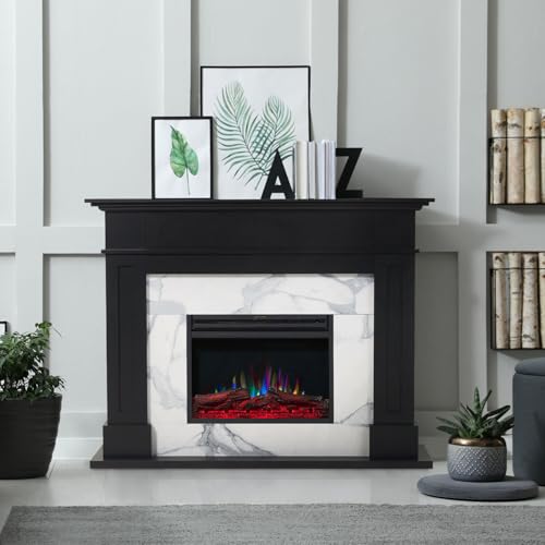 Cambridge Sofia 53-in. Freestanding Fireplace Mantel in Black with White Marble Inlay and Log Display, Electric Heater Insert with Color Changing Flames for Living Room, Bedroom CAMBRIDGE