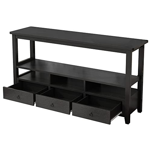 Karl home Console Table with 3 Bottom Drawers, 57.9" W Sofa Side Table Entryway Desk with 3 Storage Cubbies 1 Open Shelf, Vintage TV Stand for Hallway Living Room Office, Black 29.9" H Karl home
