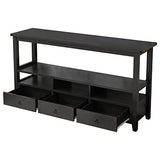 Karl home Console Table with 3 Bottom Drawers, 57.9" W Sofa Side Table Entryway Desk with 3 Storage Cubbies 1 Open Shelf, Vintage TV Stand for Hallway Living Room Office, Black 29.9" H Karl home