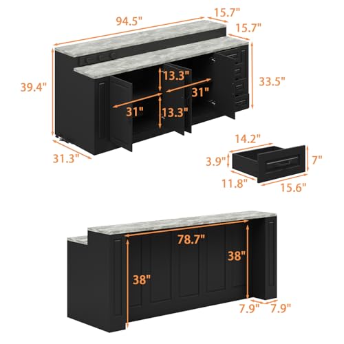 ROMSHINE 94.5" Large Bar Table Kitchen Station, Home Bar Unit with 3 Charging Socket, 4 Drawers & 2-Tier Shelf, Bar Cabinets Reception Desk for Home Pub Kitchen Storage, Black & Marble Pattern