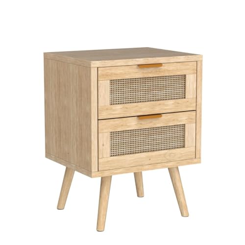 LAZZO Set of 2 Nightstands Wooden Night Stands with Rattan Drawers Home Bedside End Table for Bedroom (2 Drawers Design) LAZZO