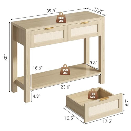 YUUIJOAA Boho Chic Console Table with 2 Rattan Drawers and Open Shelf Storage, Narrow Farmhouse Sofa Table for Small Space Entryway, Living Room,Hallway,Natural YUUIJOAA