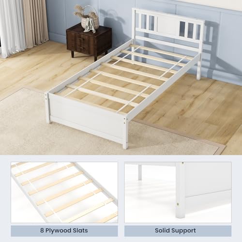 Giantex Wood Twin Bed Frames with Headboard, Mid Century Solid Wood Platform Bed with Wood Slat Support, Single Panel Bed, No Box Spring Needed, Twin Bed Frames for Kids, White Giantex