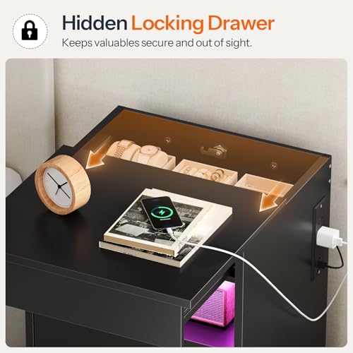 HOOBRO Nightstand with Charging Station, LED Bedside Table with Drawers, Lockable Hidden Compartment, Modern End Table, Night Stand for Bedroom, 2 AC Outlets, USB-A Port and Type-C, Black BB144UDBZ01 HOOBRO