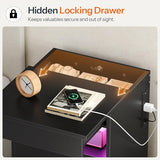 HOOBRO Nightstand with Charging Station, LED Bedside Table with Drawers, Lockable Hidden Compartment, Modern End Table, Night Stand for Bedroom, 2 AC Outlets, USB-A Port and Type-C, Black BB144UDBZ01 HOOBRO