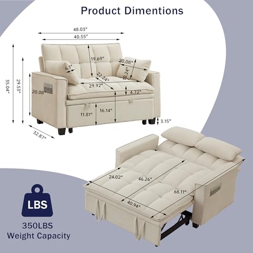 Portaforta Sleeper Sofa with Pull Out Couch Bed, 48" Convertible Pull-Out Sofa Bed Chair, 3-in-1 Futon Couch with Reclining Backrest and Side Pockets for Living Room Bedroom Apartment, Beige Portaforta