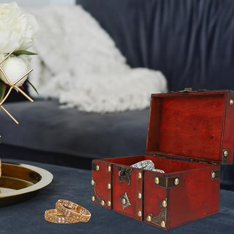 Wooden Vintage Treasure Chest Trinket Box, Decorative Wooden Storage Box Storage Trunk Handmade Pirate Treasure Chest with Lock Homoyoyo