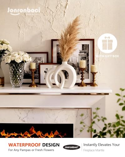 7.2″Hx8.9″H Donut Shape Decorative Vase Set of 2, Ceramic, Modern Minimalism Styles, Flowers or Plant Table Vases for Home Decor Living Room Shelf Entry Console Mantle Dining Centerpiece (Matte White) Jonronboci