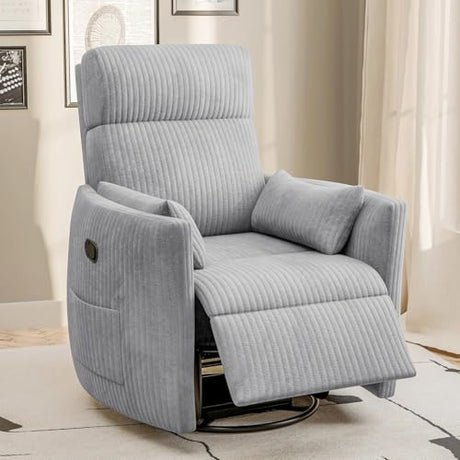Flamaker Swivel Recliner Chair, Massage Nursery Rocking Chair with 2 Pillows, Comfy Single Sofa Glider Rocking Chair with Side Pockets for Living Room (Corduroy, Dark Grey) Flamaker