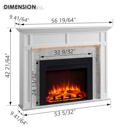 LegendFlame® Ashley Electric Fireplace with 56" Mantel Surround and Jaden 32" Insert, Cream White with Light Grey Marble Finish Legend Flame