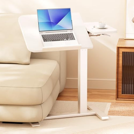 COMHOMA Tiltable Mobile Small Standing Desk, Pneumatic Adjustable Height Overbed Bedside Table with Wheels, Sit Stand Portable Rolling Laptop Desk Computer Workstations, White COMHOMA