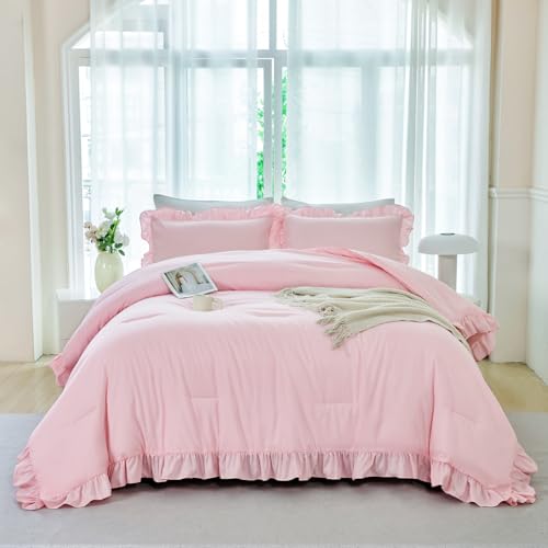 ANGIYUIN 5 Pieces Pink Twin Size Comforter Set for Girls Ruffled Kids Bed in A Bag with Sheet Sets Farmhouse Shabby Bedding Sets with Ruffle Soft Fluffy Bed Sets (Pink Twin) ANGIYUIN