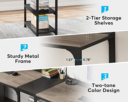 Tribesigns 90.55'' 2 Person Desk with Storage Shelves, Double Computer Desk with Spacious Desktop, Extra Long Study Writing Table Workstation for Home Office (Black & Gray) - WoodArtSupply