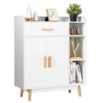 Giantex Floor Storage Cabinet Free Standing Cupboard with 1 Drawer, 2 Doors, 3 Shelves & 4 Rubber Wood Legs for Home Office Sideboard Storage Organizer, White - WoodArtSupply