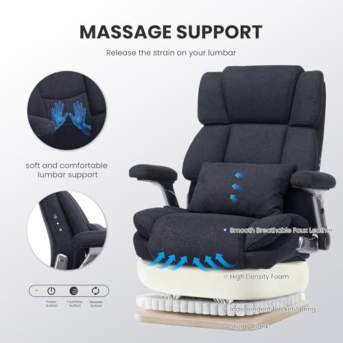 750lbs Heavy Duty Desk Chair with 3D Kneading Massage, Big and Tall Office Chairs with Ergonomic Support, 4D Armrests, 5 Quiet Dual Rubber Wheel, Thick Spring Cushion(Black-Fabric) CHAIRKER