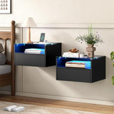 Black Floating Nightstand Set of 2 with Charging Station, 18.9" Extended Bedside End Table with Drawer and LED, Modern Wall Mounted Night Stand Side Table with Open Shelf for Bedroom MULEJYBO
