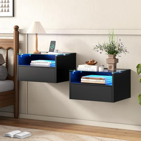 Black Floating Nightstand Set of 2 with Charging Station, 18.9" Extended Bedside End Table with Drawer and LED, Modern Wall Mounted Night Stand Side Table with Open Shelf for Bedroom MULEJYBO