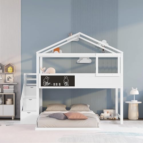 Merax Wood Twin Over Full House Bunk Bed with Ladder, Solid Pine Wood Bunk Bed Frame with Safety Guardrails, House Bunk Bed Frame for Home Merax