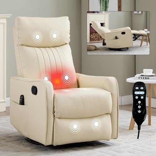 High Back Massage Recliner with Heat - Swivel Rocking Chair for Small Spaces, Manual Lazy Boy Recliner for Adults, Perfect for Living Room & Bedroom, Soft Fabric (Beige FL)