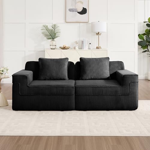 KEIKI Modular 2 Seat Loveseat Boneless Sofa, Cloud Sectional Couch with Deep Seat, Modern Modular 2-Seat Sofa Couch with Throw Pillows Corduroy Fabric, No Assembly Required, Black KEIKI
