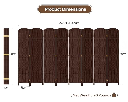 Duraspace 8 Panels Room Divider 6 FT Tall Weave Fiber Privacy Screen Freestanding Double Hinged Folding Screen Extra Wide Room Dividers for Patio Privacy (Brown) DURASPACE