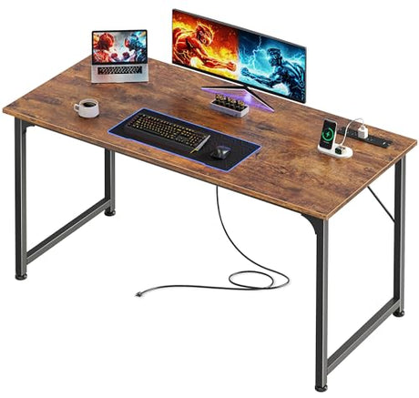 PRAISUN 47 X 20 Inch Office Computer Desk with Power Outlets and USB-C Port, Larger Gaming Desk, for Home Office, Study, Bedroom, Writing Work from Home Table, Metal Frame, Rustic Brown PRAISUN