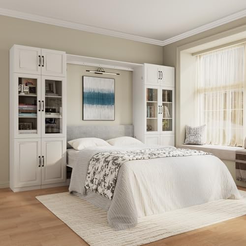 Bobve Farmhouse Murphy Bed Queen, 85" Wall Bed Folds to Save Space, Concealed Bed Frame with 2 Glass Storage Cabinets and Wall Mounted Features for Apartment/Office/Guest Room Bobve