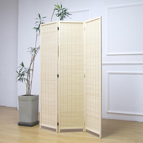 Furnnylane 3 Panel Room Divider and Folding Panel Screen,Bamboo Panel Divider Screen for Room Separation,Beige,67" H x 46" W Furnnylane