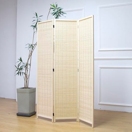 Furnnylane 3 Panel Room Divider and Folding Panel Screen,Bamboo Panel Divider Screen for Room Separation,Beige,67" H x 46" W Furnnylane