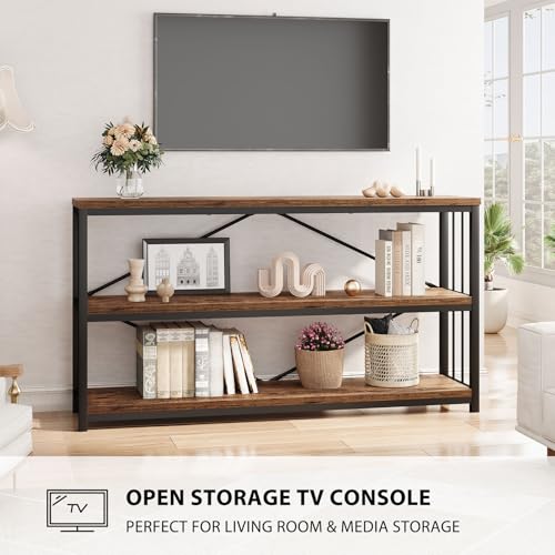 LVB Industrial Console Entryway Table, Metal Wood Rustic Sofa Table with Storage, Farmhouse 3 Tier Shelf Long Hallway Foyer Entry Tables Behind Couch for Home Living Room Entryway, Rustic Brown, 55 In LVB