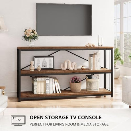 LVB Industrial Console Entryway Table, Metal Wood Rustic Sofa Table with Storage, Farmhouse 3 Tier Shelf Long Hallway Foyer Entry Tables Behind Couch for Home Living Room Entryway, Rustic Brown, 55 In LVB