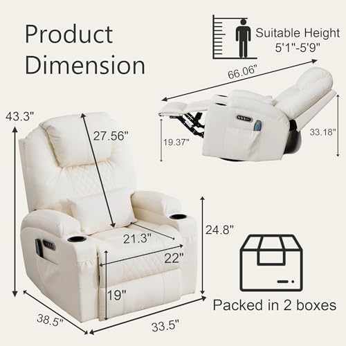 WISHDEER Dual Motor Power Swivel Rocker Recliner Chair for Adults, Rocking Chair Nursery Recliner with Massage and Heat,USB A&C Ports,LED Light,Cup Holders for Living Room Bedroom